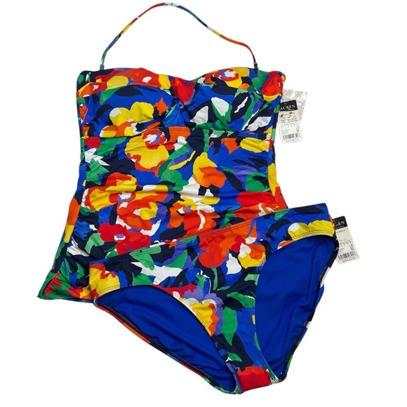 Lauren Ralph Lauren Bandeau Halter Tankini Top & Hipster Bikini Bottoms Floral - Picture 1 of 11